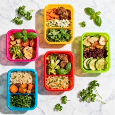 Square overhead photo of five colorful Tupperware lunches with grains, proteins, and fresh vegetables arranged on a light marble surface, with small dressing cups and herb garnishes.